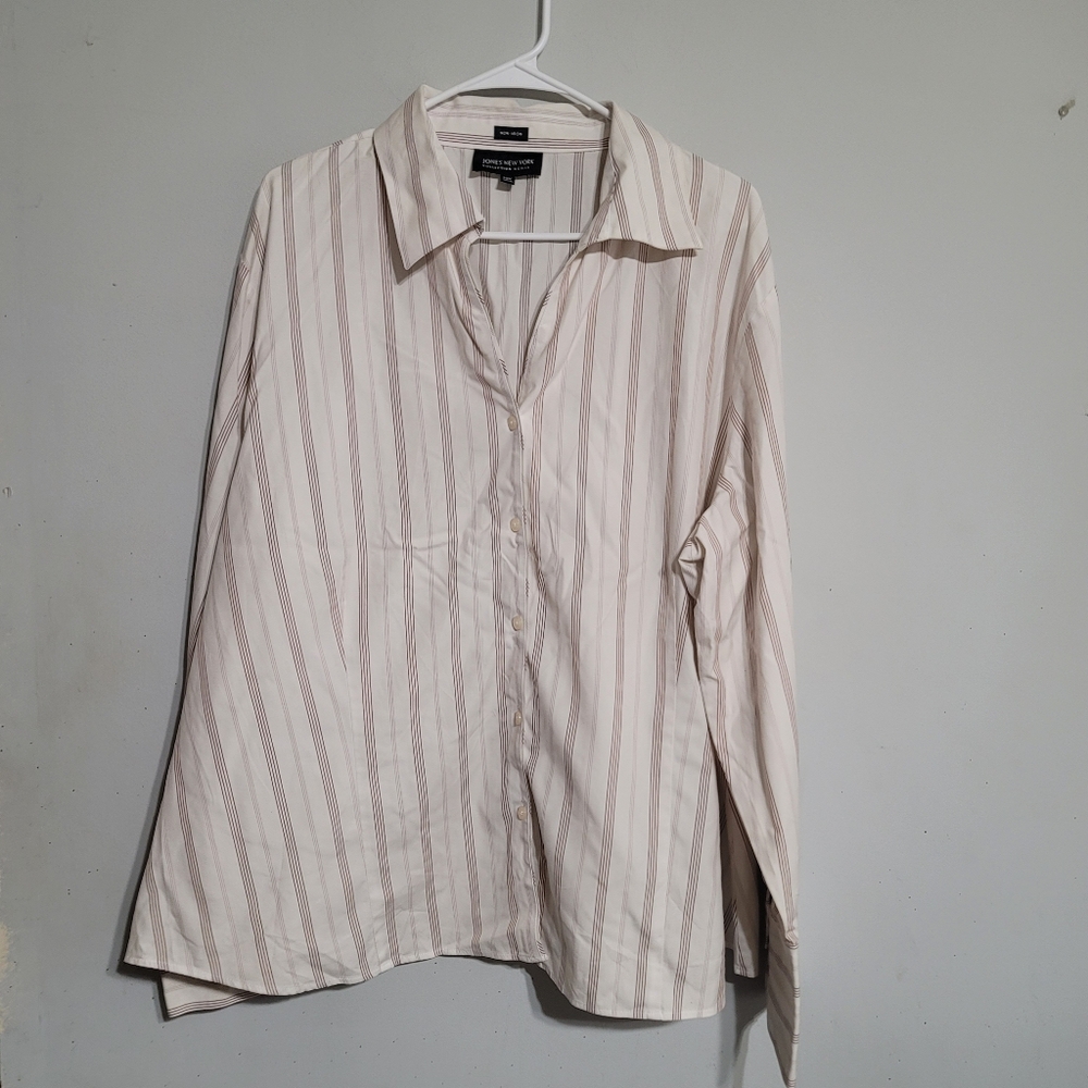 Jones New York Womens Top 24w Button Up Shirt White Pink Striped Cotton‎ 3x